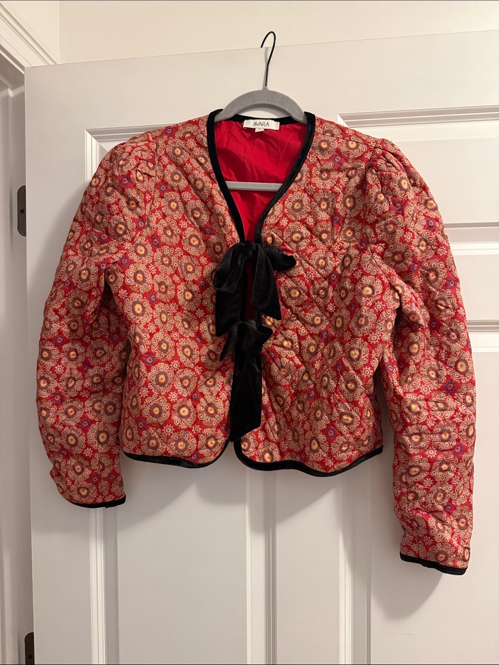 Red Quilted Floral Puffer Jacket with Black Velvet Bow